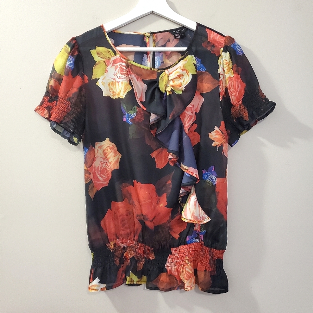 Ted Baker - Janni Black Floral Bow Ruffle Smocked Blouse - Size S-M